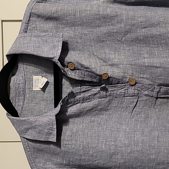 Sigrid Olsen Linen Tunic Top Women's Medium Blue Roll-Tab Sleeve High-Low Hem - Picture 2 of 10